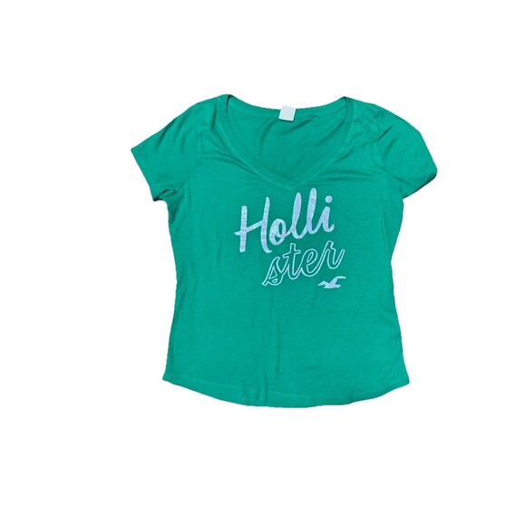 Y2K Hollister Green V-neck Glitter Graphic Tee Bird Logo GUC Large Surf Classi - Picture 3 of 6